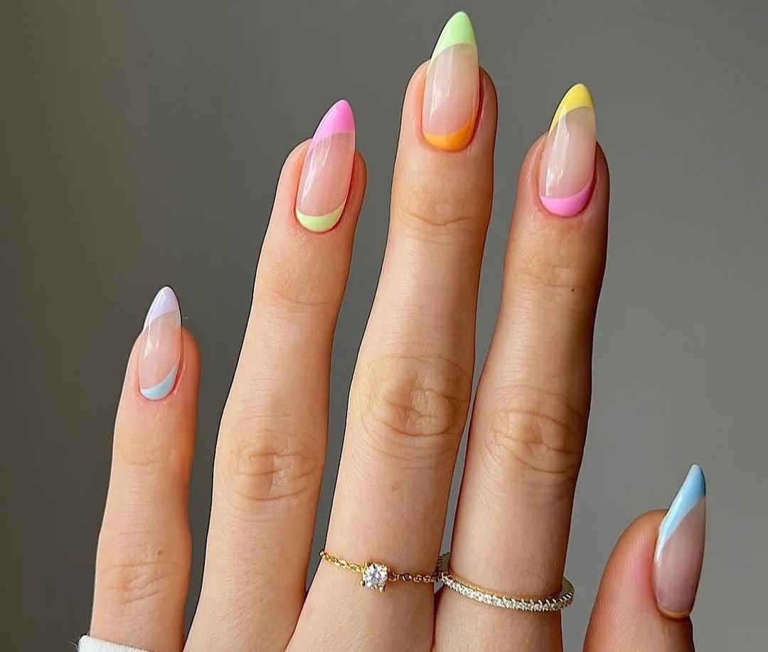 FWS:Artificial Nails:Glossy Multicolor French Shape Stiletto (Set Of 20)Press On Nails,FakeNails, BridalNails,Stick-On Nails,Manicure Art Set, Gel Stickers, Glue Extensions, Acrylics,Polygel False Nails,DesignerNails-picture-39