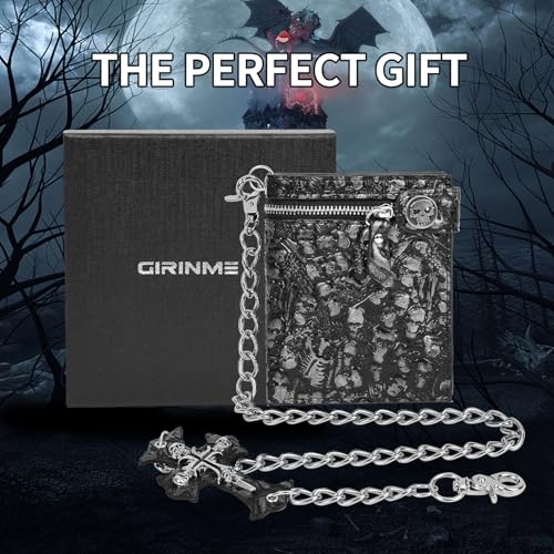 Unisex Gothic Punk Skull Chain Wallet - Bifold Faux Leather, Halloween Goth Accessories - Silver2