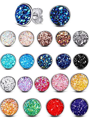 20 Pairs Round Stud Earrings Stainless Steel Druzy Studs Earrings Set Anti-sensitive Fits Women Girls, 8 mm and 12 mm (Silver)