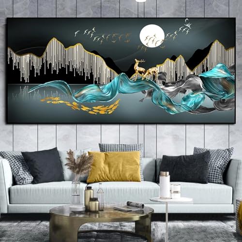 Impressions d'art de cerf et ruisseau doré sur toile KEBIA, affiche murale salon 80x160 cm sans cadre