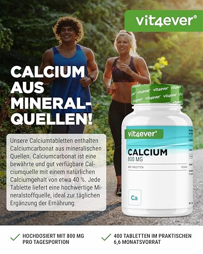 vit4ever Calcium - 400 Tabletten mit 800 mg Calcium aus Calciumcarbonat pro Tagesportion - Reicht für 6,6 Monate - Vegan, hochdosiert und ohne unnötige Zusätze