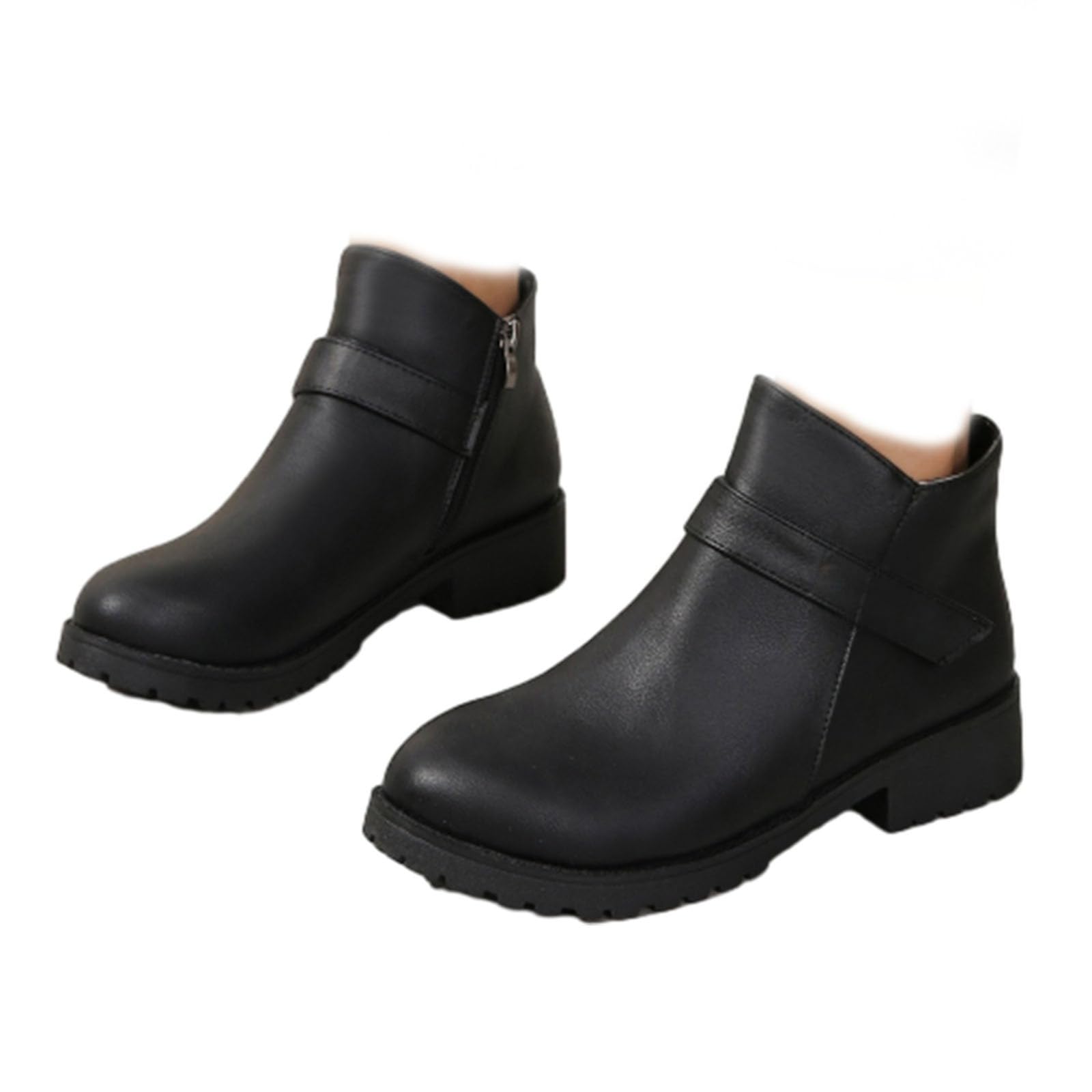 Womens Round-Toe Ankle Boots with Side Zipper Fashion Fall Square Low Heel Boots for Women Casual Daily Wear