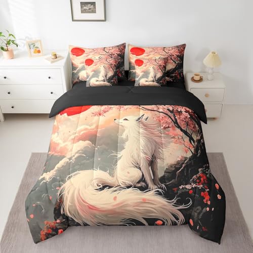 7 Pieces Queen Size White Fox Comforter Set,Japan Ukiyoe Cherry Blossom Dreamy Bedding Set for Boys Girls,Japanese Landscape Wild Animal,Comforter+Fitted+Flat Sheet+2 Pillowcases+2 Throw Pillow Covers