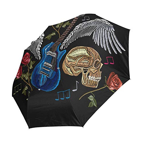 Preisvergleich Produktbild Ahomy Regenschirm mit Totenkopf, Gitarre, Flügel, Rosen, Rockmusik, zusammenklappbar, winddicht, automatisch, Sonnenschutz, kompakter Reise-Regenschirm für Damen und Herren