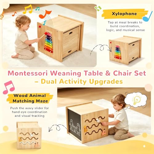 Image of Montessori Weaning Table and Chair Set for Toddlers Age 1-3, Multi-Sensory | Flip Stool to Adjust Height,Blackboard, Animal Matching Maze, Xylophone, Natural Wood,CPC Certification, for Dining, Painting