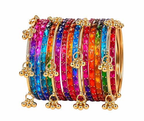 Image of Kaher Kashmiri Glass Bangle with gunghro Set for Women| Traditional, Fancy Glass Chudi Set for Festival, Wedding, and Party (Set Of 16)