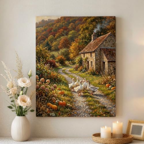 Decoración de calabazas en lienzo rústico de otoño para pared de entrada y sala