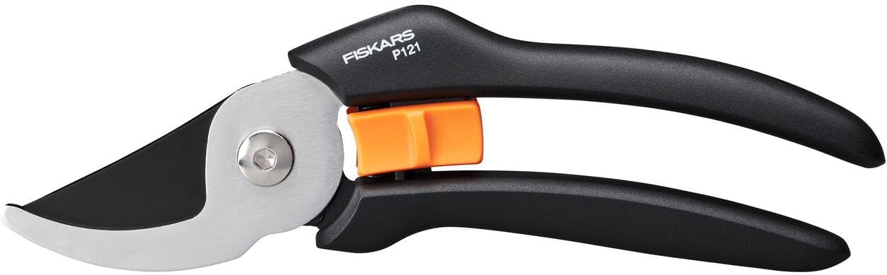 Fiskars bypass pruning shears for fresh branches and twigs, non-stick coated, steel blades/FibreComp handles, black/orange, Solid, P121, 1057160