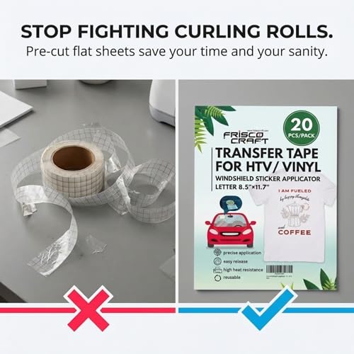 Image of Frisco Craft Reusable Heat Transfer Tape Sheets for HTV /Vinyl, Medium Tack Clear Transfer Paper for Adhesive Vinyl Decals, T-Shirts & Windshield Stickers, 8.5 inch x 11.7 inch Pre-Cut Sheets, 20 Pack