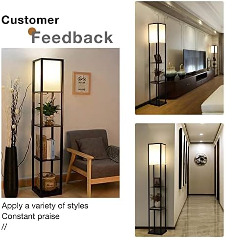PULUOMIS Floor Lamp with Shelves, 3 Layers Wooden Shelf Standing Light, Modern Reading Lamp for Bedroom, Living Room, Office, Home Decoration (Size:26x 26x 160 cm) (Without Bulb)-Black