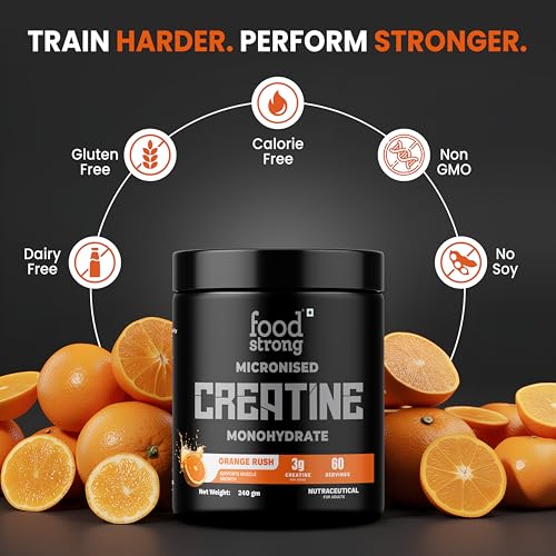 Image of Foodstrong Micronized Creatine Monohydrate Powder (60 Servings) | 3g Creatine Supplement for Muscle Strength, Power, Stamina & Athletic Performance | Pre /Post Workout Gym Supplement for Men & Women | Orange Rush, 240g