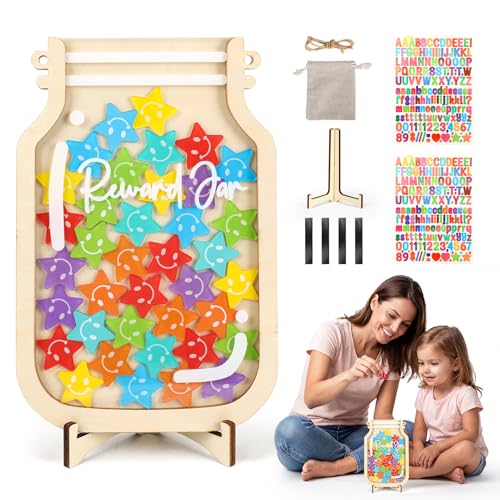 Bocal de récompense pour enfants avec jetons étoiles en bois de hêtre