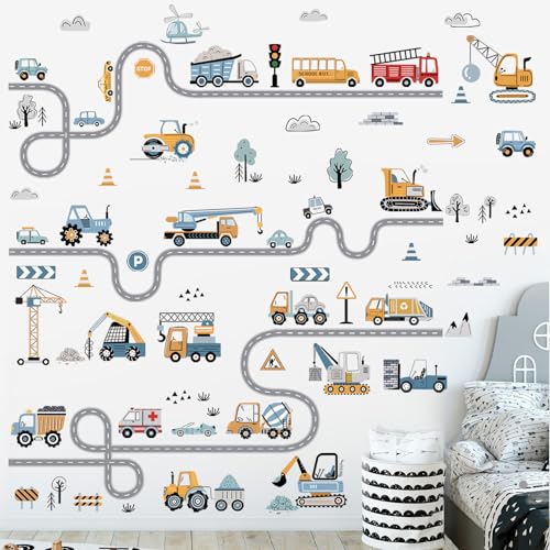 decalmile Vehicles Road Transportation Wall Stickers Construction Cars Wall Decals Boy Bedroom Teenagers Playroom Wall Decor