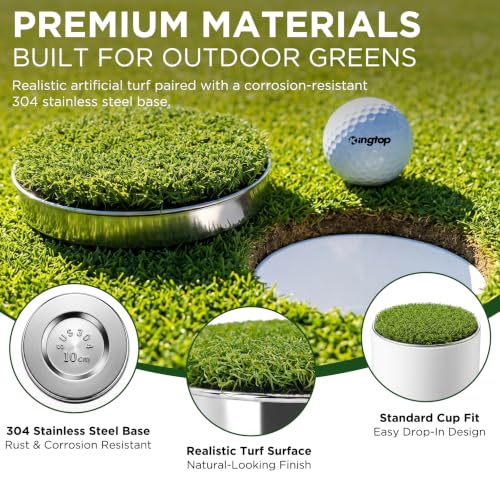 Image of KINGTOP Stainless Steel Golf Hole Cup Covers with Artificial Turf | 304 stainless steel base, artificial turf top, standard cup fit, foot-traffic resistance, multi-use practice putting greens