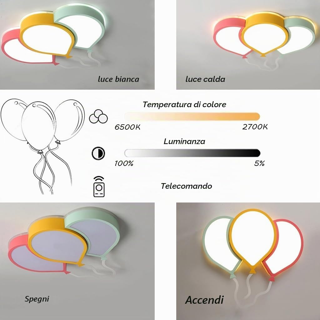 Plafoniera LED Moderna Dimmerabile a Soffitto con Palloncino Colorato 36W 220V 2700K-6500K per Camera Bambini