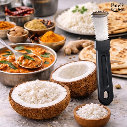 Image of PATEL'S KITCHEN Coconut Scraper Tool with Bent Stainless Steel Blade | Hand Coconut Grater with Strong Non-Slip Handle | Coconut Scraping Tool for Chutney, Curry & Sweets - 2 Units
