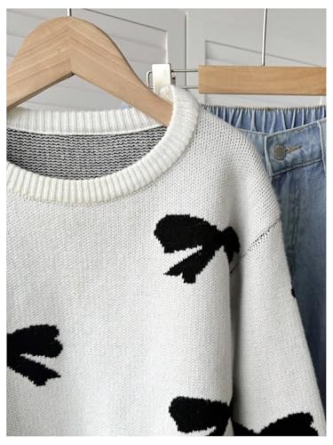 Image of BEAUDRM Girl's Bow Sweater Crew Neck Cute Sweaters Long Sleeve Knit Pullovers Sweater
