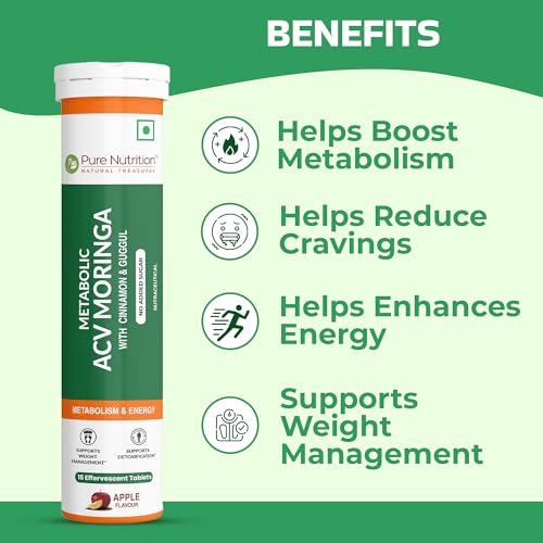 Image of Pure Nutrition ACV Apple Cider Vinegar Tablets | Control Craving | ACV Moringa for Weight Loss & Detox with Cinnamon, Wheat Grass & Spirulina for Enhanced Wellness | Rich in Antioxidants | Supports Weight Management, Detoxification & Immunity - 15 Effervescent Tablets