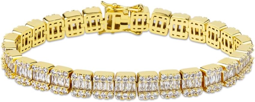 18K White Gold Moissanite Baguette Tennis Bracelet，10mm Geometric Design，8 Inch Fashion Jewelry Gift for All