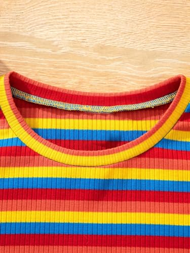 Floerns Girl's 3 Pack Striped Ribbed Knit T Shirt Crew Neck Short Sleeve Lettuce Trim Tee3