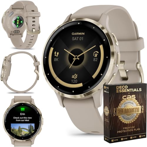 Garmin Venu 3S (Refurbished) Soft Gold Stainless Steel Bezel 1.2-Inch AMOLED Smartwatch with 41mm French Gray Case w/Band (Renewed) 010-N2785-02 - Bundle w/Deco Essentials 2-Year CPS Plan