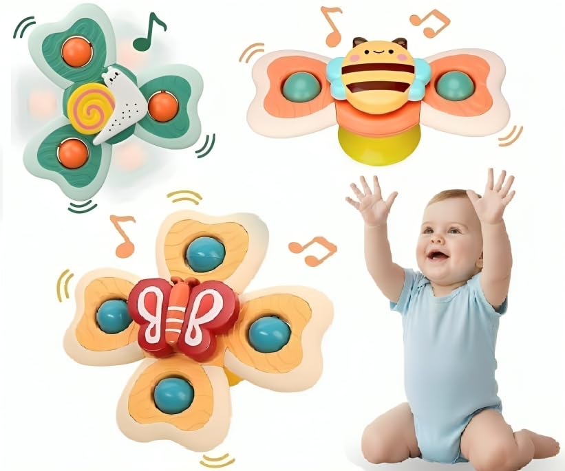 Image of Sky Tech Baby Bath Spinner Toys 3 PCS Spinners for Toddlers Boys Girls - Waterproof Suction Cup Spinning Top Rotating Learning Toy - Sticks to Smooth Surface - Return Gift for Kids