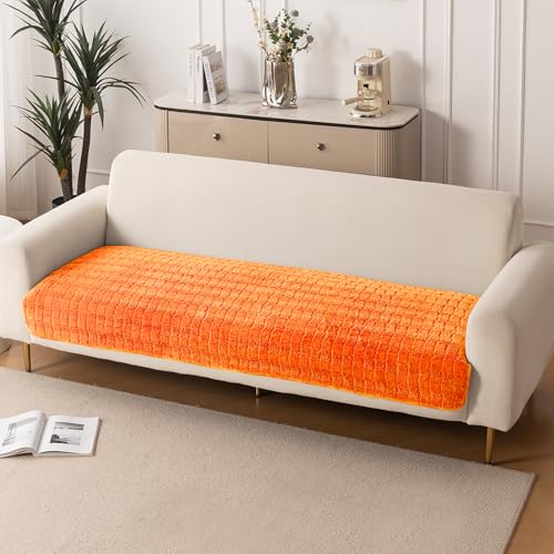 Image of HOKIPO 'Plush Haven' Premium Sofa Mat for 3 Seater Sofa - Soft Fluffy Fabric with Anti-Slip Backing, Orange (AR-5035-OR*1)