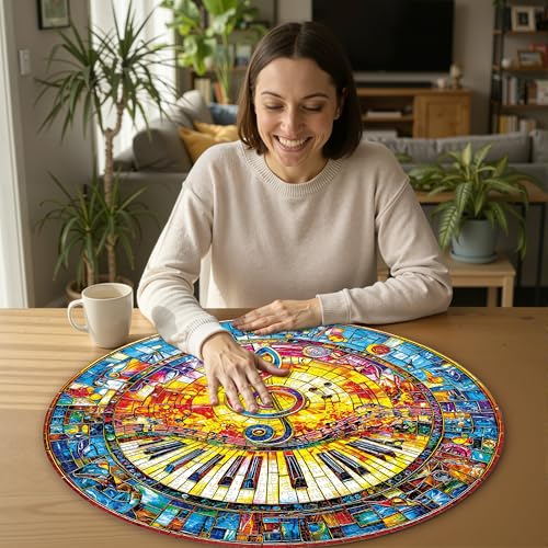 Rompecabezas redondo de 1000 piezas para adultos - 3D Vidrieras Piano Música | 26.8" de diámetro, desafío cerebral circular y decoración artística de pared, regalo consciente para la relajación familiar miniatura 6