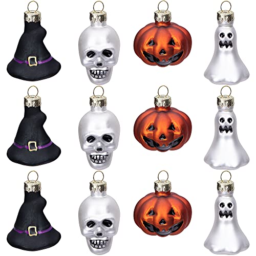 Watayo 12 PCS Halloween Glass Ornaments, Halloween Decorations Glass Blown Ornaments with Pumpkin Ghost Skull Witch Hat for Haunted House Party Christmas Tree Home Decoration