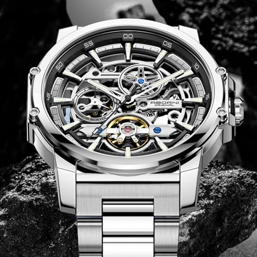 Image of FORSINING Men's Luxury Automatic Skeleton Mechanical Watch, Industrial Style Self-Winding Hollow Watches with Tourbillon & Luminous Function, Stainless Steel Strap Mens Wristwatch