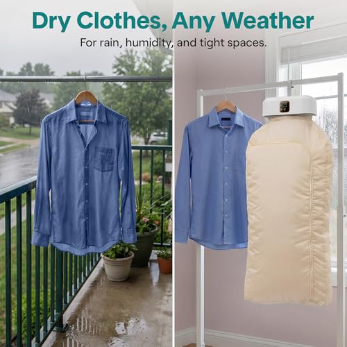 Image of SereneLife Portable Clothes Dryer | Drying Bag for Clothes, Suits & Dresses | Adjustable Temperature & Remote Control 1-8 Hour Timer | Compact Dryer for Home, Apartment, Dorm & Travel | White