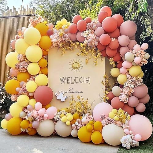 Dusty Pink Yellow Balloon Arch Kit Double Stuffed, Pastel Mauve Pink Mustard Light Yellow White Sand Balloon Garland for Boho Baby Shower Birthday Bee Groovy Fall Pumpkin Party Decoration