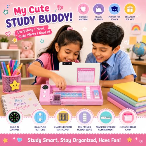 Image of ZAFCO Magnetic Pencil Box for Kids with Pop-Up Tray Built-in Compass Sharpener Spacious Storage Plastic Pencil Case for Boys Girls School Students- Pack of 1 (Pink)