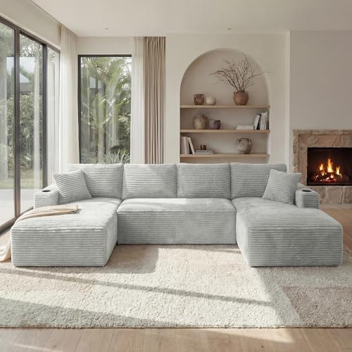 Image of 125 Inch Modular Sectional Sofa, Cloud Couch Oversized U Shaped Corduroy Sofa with Storage & Cupholders, Modern Deep Seat Boneless Couches for Living Room, No Assembly Required, Light Grey