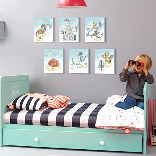 Image of CHDITB Little Dragon Wall Art, Spread Your Wings Framed Canvas Wall Art Set, Fantasy Dragon Decor, Magical Castle Painting, Inspiring Quote Art Prints For Kids Room Nursery Decor(12X16 Inch)
