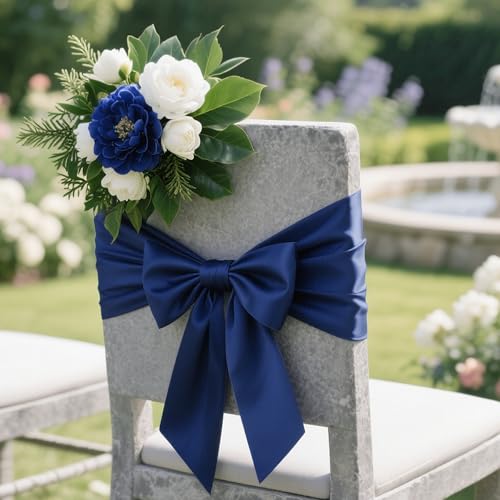 Image of Navy Blue Satin Ribbon 4 inch X 15 Yards Polyester Ribbon for Gift Wrapping Very Suitable for Weddings Party Hair Bow Invitation Decorations and More