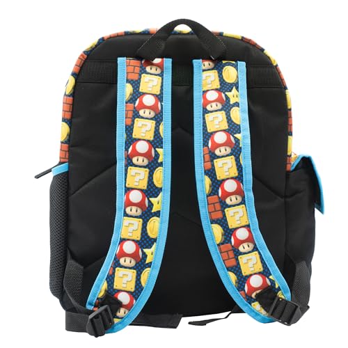 Image of AI ACCESSORY INNOVATIONS Super Mario Brothers Backpack, 16 inch Schoolbag with 3D Molded front pocket featuring Super Mario Characters Mario, Lugi, Princess Peach, Yoshi, & Boswer