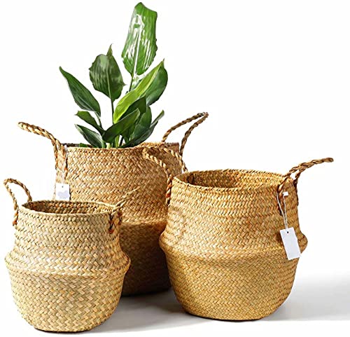 Seagrass Plant Basket Set of 3 Handmade Woven Belly Basket with Handles 3 Different Size Home Decor Storage Basket Large Storage Laundry Picnic Plant Pot Cover Pot Woven Straw Basket(S+M+L,Original)