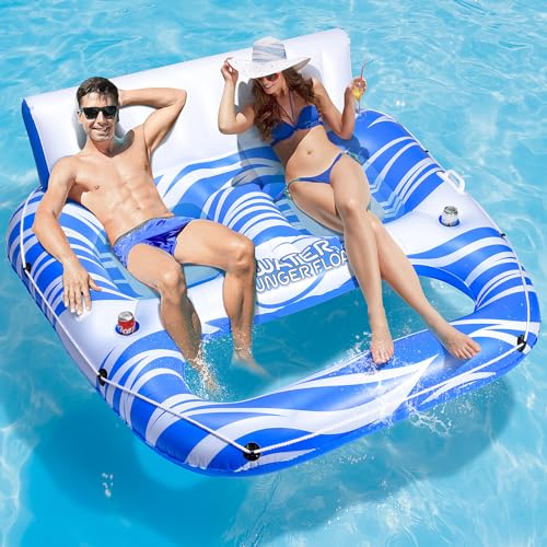 Image of Inflatable Pool Floats Adults, Large Pool Lounger Chair Floaties with Cup Holders Backrest Footrest, Tanning Water Float for Swimming Pool Lake River Sea, Pool Raft Carry 300lb Adults