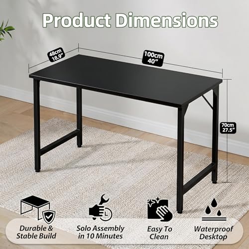 Image of Grandder Small Office Computer Desk, 40 Inch Morden Simple Writing Study Table for Home Bedroom, PC Gaming Desk with Adjustable Feet and Sturdy Metal Frame, Black