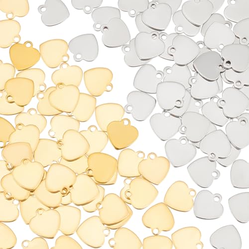UNICRAFTALE 100 pcs 2 couleurs Breloques en Forme de Cœur Acier Inoxydable Étiquette Vierge Pendentifs en Forme de Cœur D'Amour Métal Découpé au Laser...