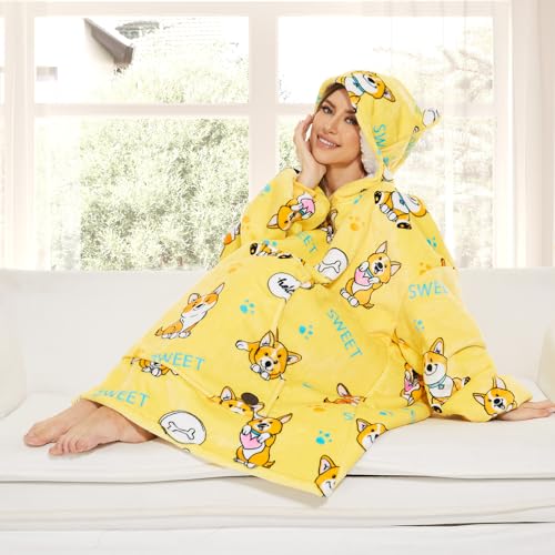 THREE POODLE Wearable Blanket Hoodie for Women, Oversized Sherpa Sweatshirt Blanket for Adults Men, Cozy Corgi Hooded Blankets, Gifts for Teen Girls Women Mom Sister