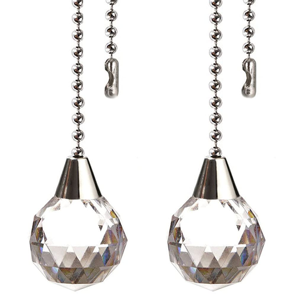 Ceiling Fan Pull Chain Decorative Extension 12 Inches Clear Prism Ball Fan Pulls Set for Ceiling Light Lamp Fan Chain Extender,2 Pcs (Nickel)