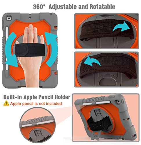 Rantice Ipad 9Th Generation Case, Ipad 8Th/7Th Generation Case, Ipad 10.2 Case With Rotatable Kickstand Pencil Holder Shoulder/Hand Strap, Shockproof Ipad Case For Kids Boys Students (Grey+Orange) #TOP4