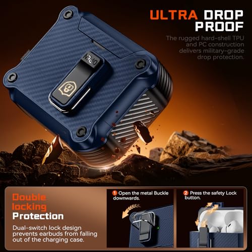 Image of Inesore for AirPods AirPods Pro 1st /2nd Case with Secure Lock (Dark Blue) | Phone Stand Design,Compatible with MagSafe,Automatic Snap Switch Secure Cover Carbon Fiber Texture with Cleaner Kit