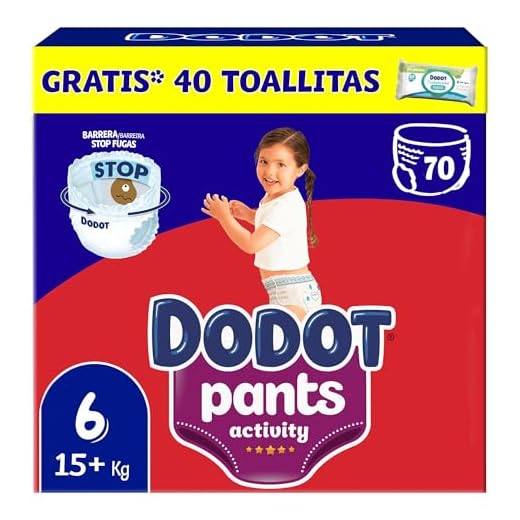 Dodot Activity Pants Pañal-Braguita Talla 6, 70 Pañales, 14kg - 19kg + 1 Pack de 40 Toallitas Gratis Cuiado Total, Pack Mensual