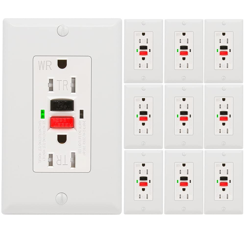 10 Pack - POWAWINI GFCI Outlet 15 Amp, UL Listed, Self-Test GFI Receptacles, TamperResistant, Weather Resistant, LED Indicator, with Decor Wall Plates and Screws, Indoor or Outdoor Use (Red/Black)