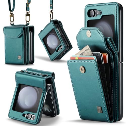 Housse Bandoulière Samsung Z Flip 5 avec Porte-Cartes Intégré et Coque Cuir Vert