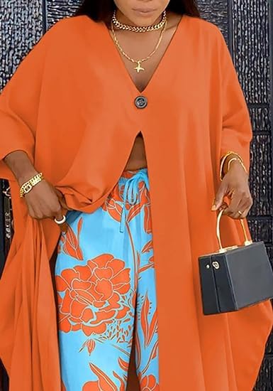 Women African 2 Piece Outfits Button V Neck Long Plus Size Split Caftans Wide Leg Pants Sets3