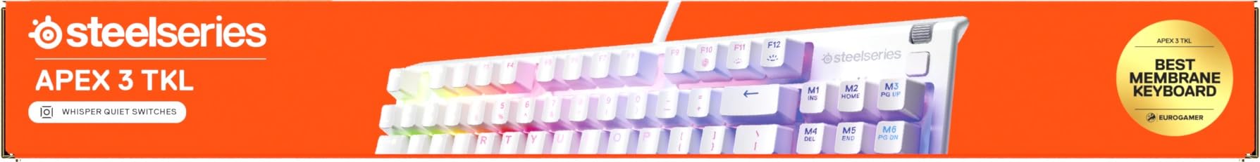 SteelSeries Apex 3 TKL - Tastiera Gaming Bianco - Fattore di forma compatto senza tastierino - Illuminazione RGB a 8 zone - Resiste ad acqua e polvere - Switch da gaming super silenziosi - UK QWERTY